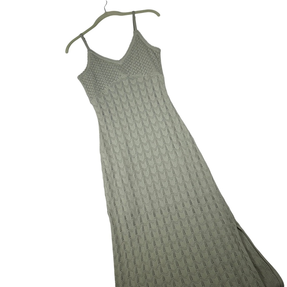 Hollister Maxi Dress Women M Green Pointelle Knit Crochet Boho Slit Cottagecore